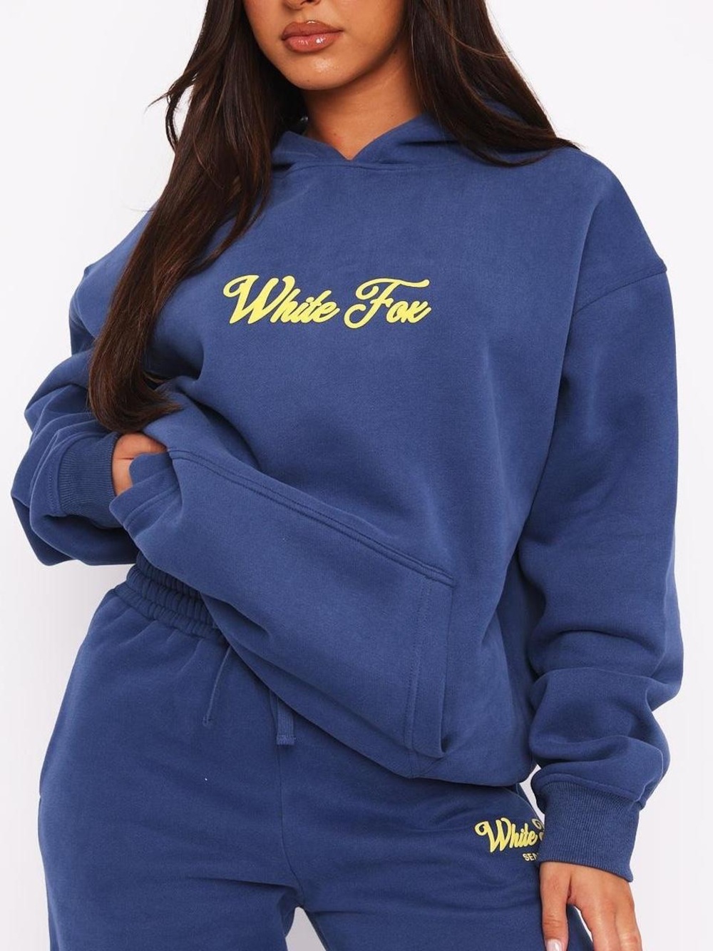 White Fox Boutique Blue Hoodie with Yellow Logo